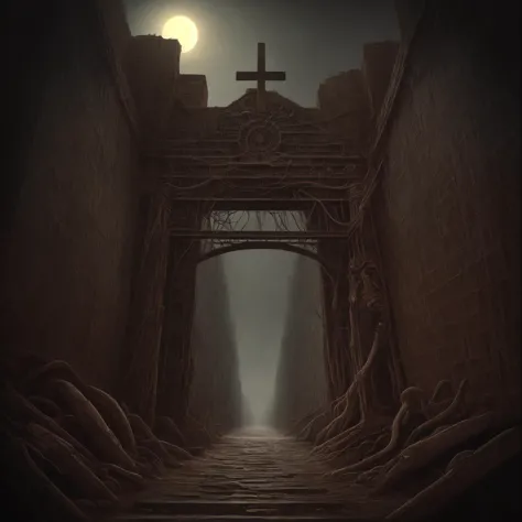 a dark tunnel with a cross on the top and a light at the end