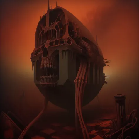 a painting of a strange looking building with a giant skull on it