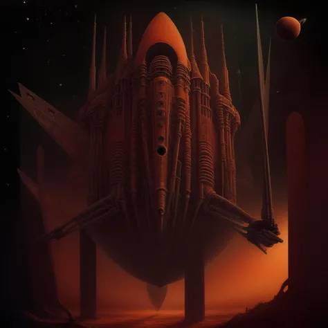 a close up of a spaceship with a large tower in the background