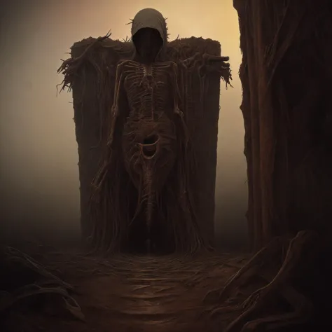 a skeleton standing in a cave with a hood on