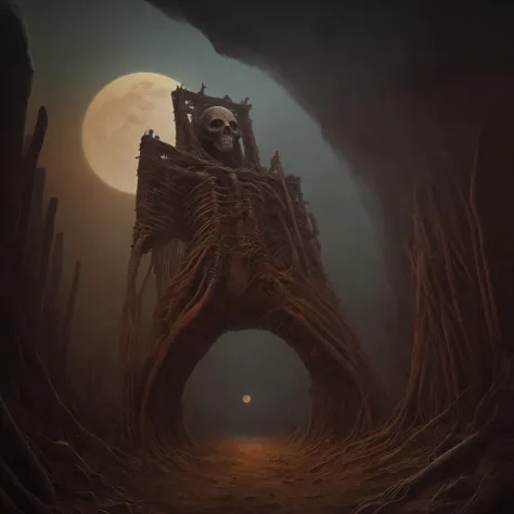 a dark and creepy looking structure with a large moon in the background