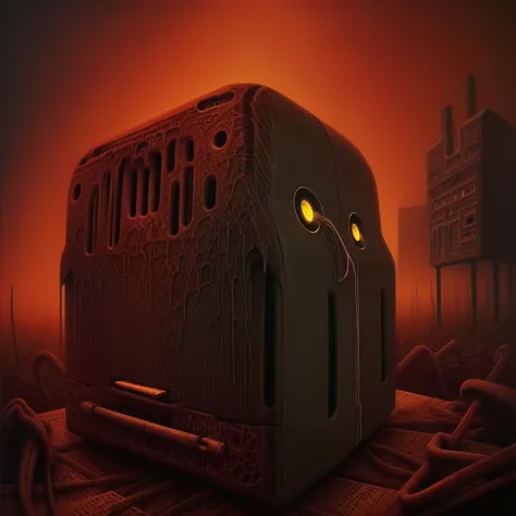 a close up of a toaster with glowing eyes on a table