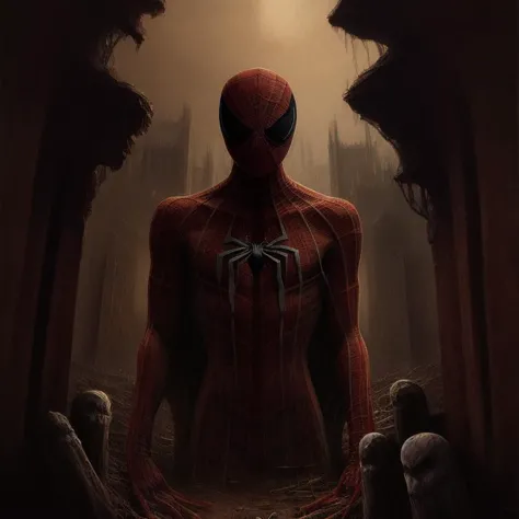 spider - man in a dark forest with a creepy face