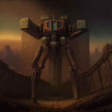 a close up of a robot standing on a wall near a fence