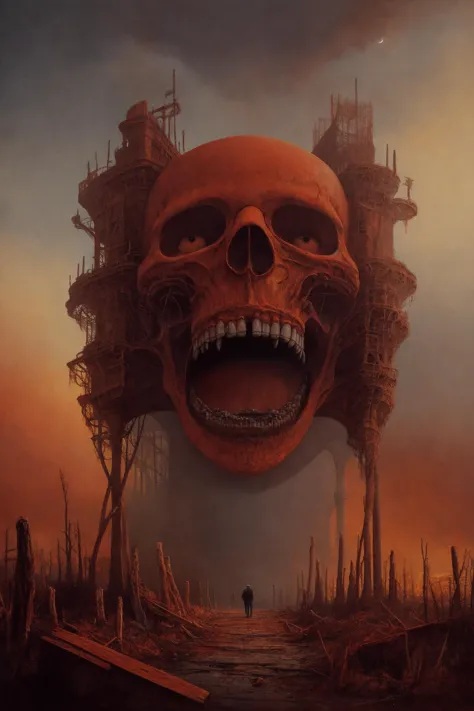 a man standing in front of a giant skull head in a field