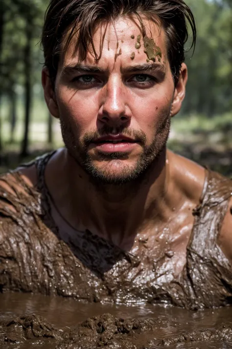 a close up of a man in mud with a face full of mud