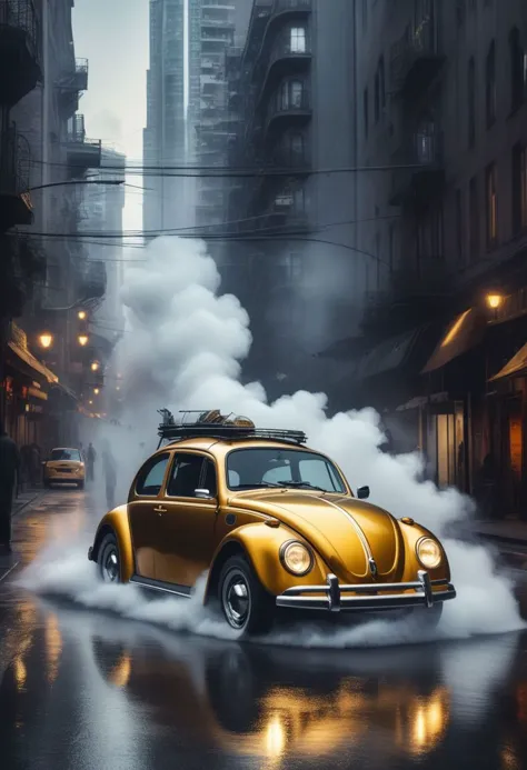 magical golden sparse plume of smoke rising from an abstract silver colored volkswagen beetle floating inside the streets of a f...