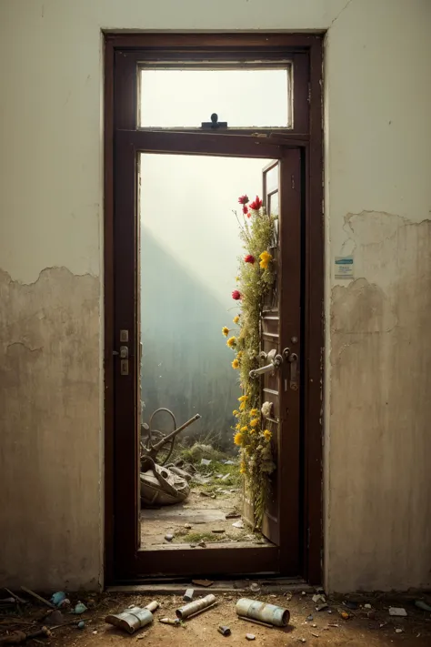 doorway to a room with a bunch of flowers growing out of it