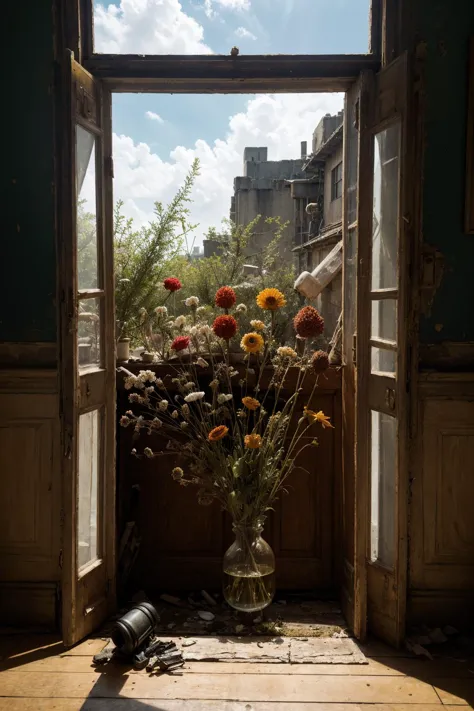 there is a vase of flowers sitting on a window sill