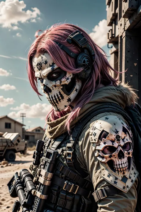 <lora:thedeathsquad_finetuned:0.8> pink hair, cute, girly, skull mask, armor, army, holding weapon, thedeathsquad