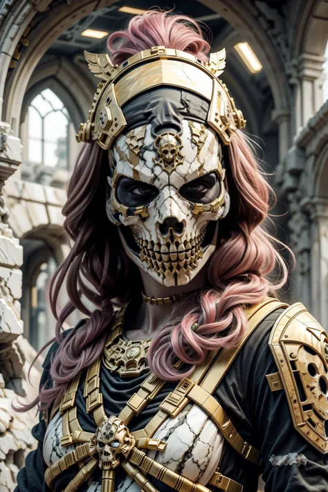 a close up of a woman wearing a skeleton mask and armor