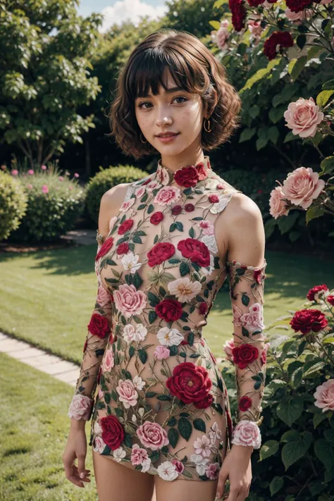 a woman in a floral dress standing in front of a bush