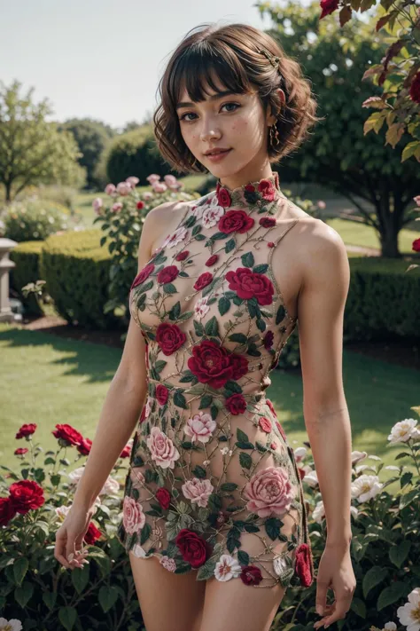 a woman in a floral dress standing in front of a bush