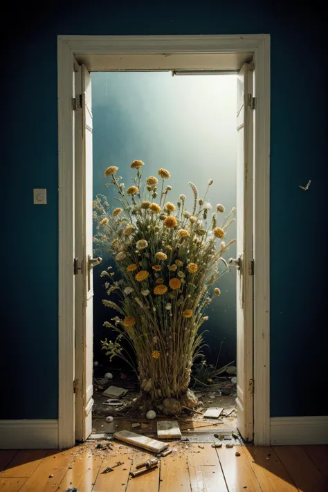 a close up of a vase of flowers on a wooden floor