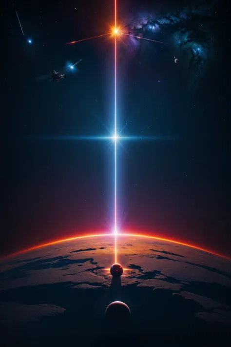 a space station with a bright light shining over the earth