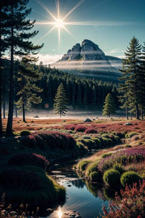 a mountain with a stream running through it and trees in the foreground