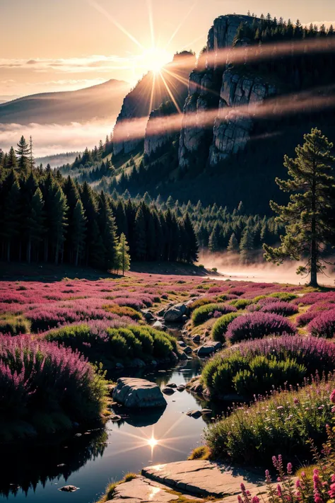 a close up of a stream in a field with flowers