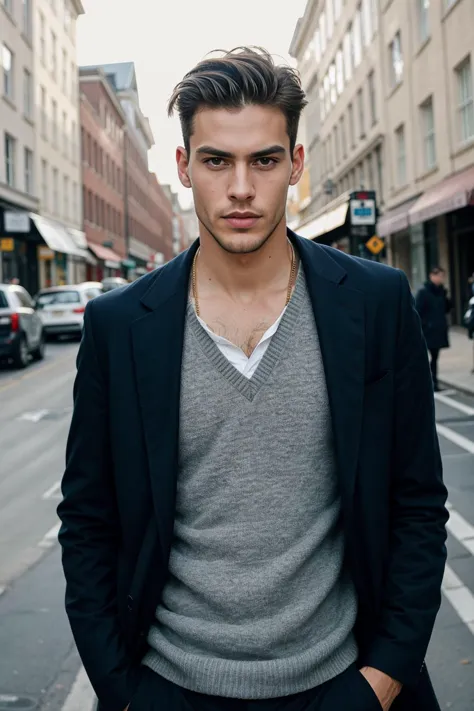 arafed image of a man in a suit and sweater standing on a city street