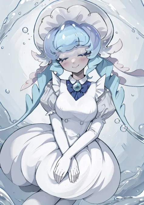 (masterpiece, best quality, highres, ultra detailed:1.2), (solo, 1girl, full body), frilledjellyfish, monster girl, closed eyes, blue hair, tentacle hair, white dress, puffy sleeves, no legs, BREAK, smile, closed mouth, facing viewer, BREAK, (underwater, ocean, water, bubbles)