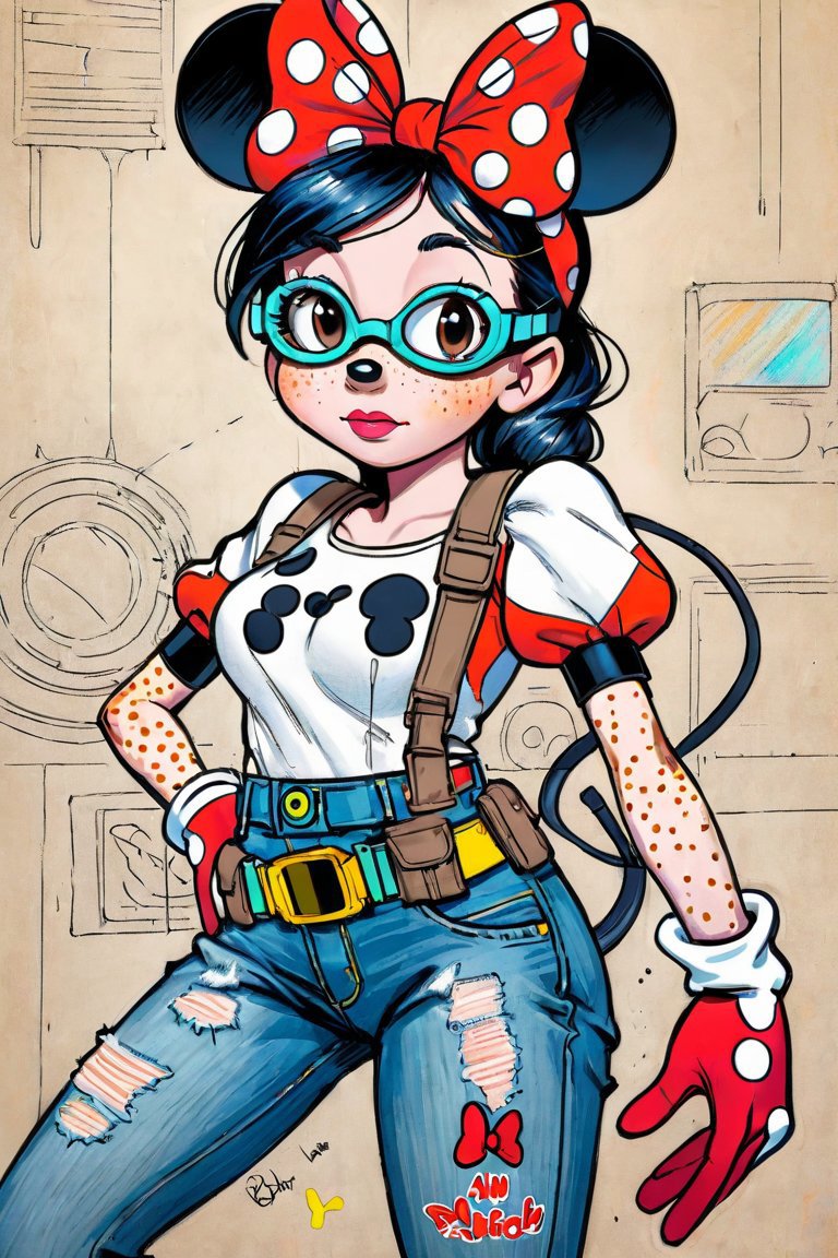 Minnie mouse is a cartoon character with a red polka dot top and blue jeans  - SeaArt AI