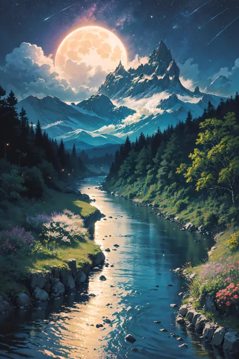 a painting of a mountain river with a full moon in the sky