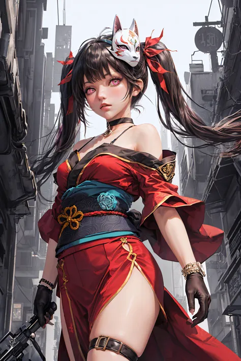 (8k), realistic anime, absurdres, 1girl, upper body, sparkle \(honkai: star rail\), (pink eyes color), twintails, hair ornament, off shoulder kimono, mask on head, detached sleeves, action pose, choker, obi, single glove, wristband, thigh strap, blush, from below, looking at viewer, cyberpunk city background, (high quality:1.2), (high detail:1.2), (masterpiece:1.2), (extremely detailed:1.2) <lora:add_detail:0.6>, <lora:Sparkl:0.4>