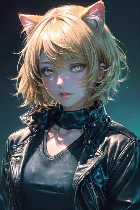 a close up of a person wearing a cat ear and a leather jacket