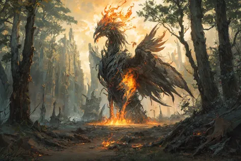 a rising phoenix from its ashes, forest background, post surrealism style, morning, volumetric lighting, no human