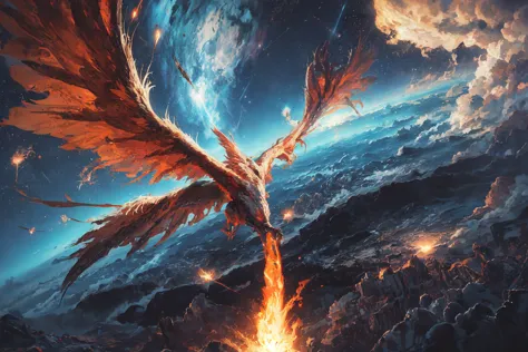 a large bird flying over a mountain with a fire in it