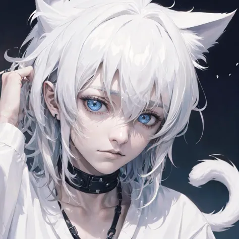(teenage boy:1.3) with real cat ears and a cat tail, GOTH, portrait, thin, pale, weird, hikikomori, (russian:1.3), caucasian, ne...