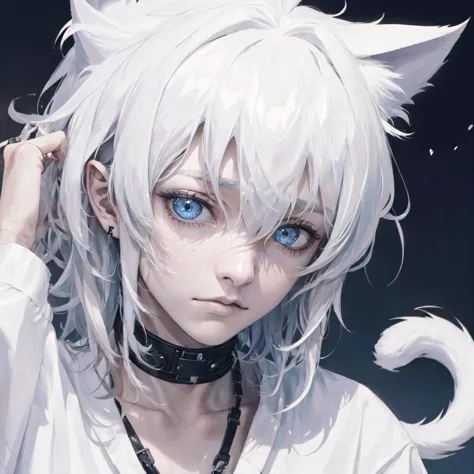 anime girl with white hair and blue eyes wearing a choke