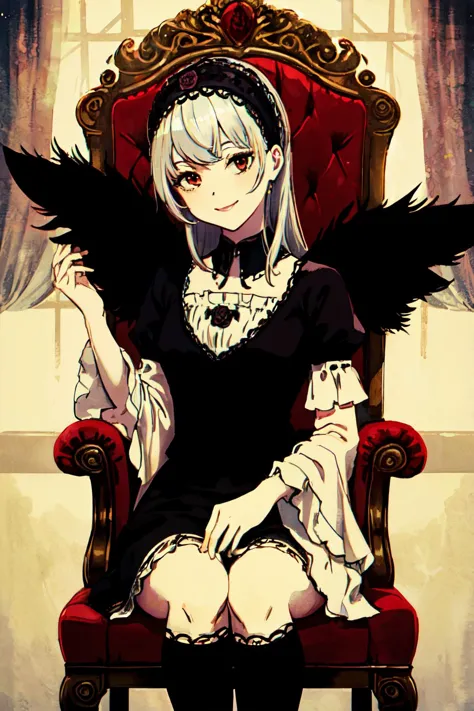 anime girl sitting in a red chair with a black bird on her arm