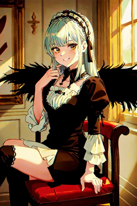 anime girl sitting on a chair with a black bird on her shoulder