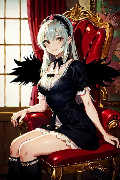 anime girl sitting on a red chair with a black bird on her shoulder