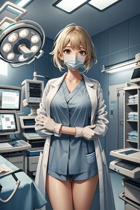 a woman in a surgical suit standing in a hospital room