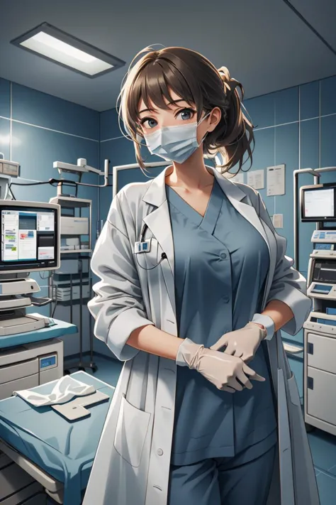 (RAW photo, best quality), operating room, overhead surgical light,blurred background, focused, dithering,backlighting,
 <lora:doctor_surgery_V1.0-000005:0.9> doctor_in_surgery, surgical mask, 1girl, indoors, labcoat, gloves, looking at viewer, doctor,
 <lora:gundam_hoshino:0.52> hoshino fumina, 1girl, large_breasts, looking_at_viewer,