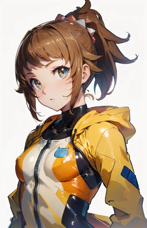 ((masterpiece)), (FRS), upper body, (highly detailed ), potrait, 8k,HDR, simple white background, ((1girl)), girl body, hoshino fumina, brown hair, hair ornament,  ponytail, ((bodysuit)), yellow jacket,  