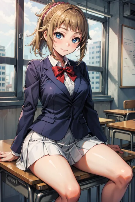 masterpiece,best quality,1girl,hoshino fumina,blue blazer,red bow,white skirt,smile,sitting on desk,classroom,