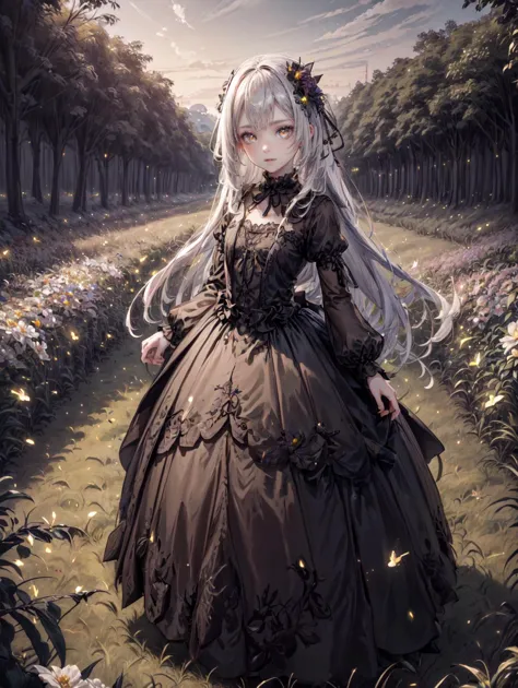 a 30yo woman, detailed face, looking at viewer, (full body shot:1.4), hdr, 8k, detailed eyes, standing in a field of flowers, loraeyes,  AGGA_ST002, bright pupils,   Gothgal, ballgown  fireflies,, chiaroscuro lighting