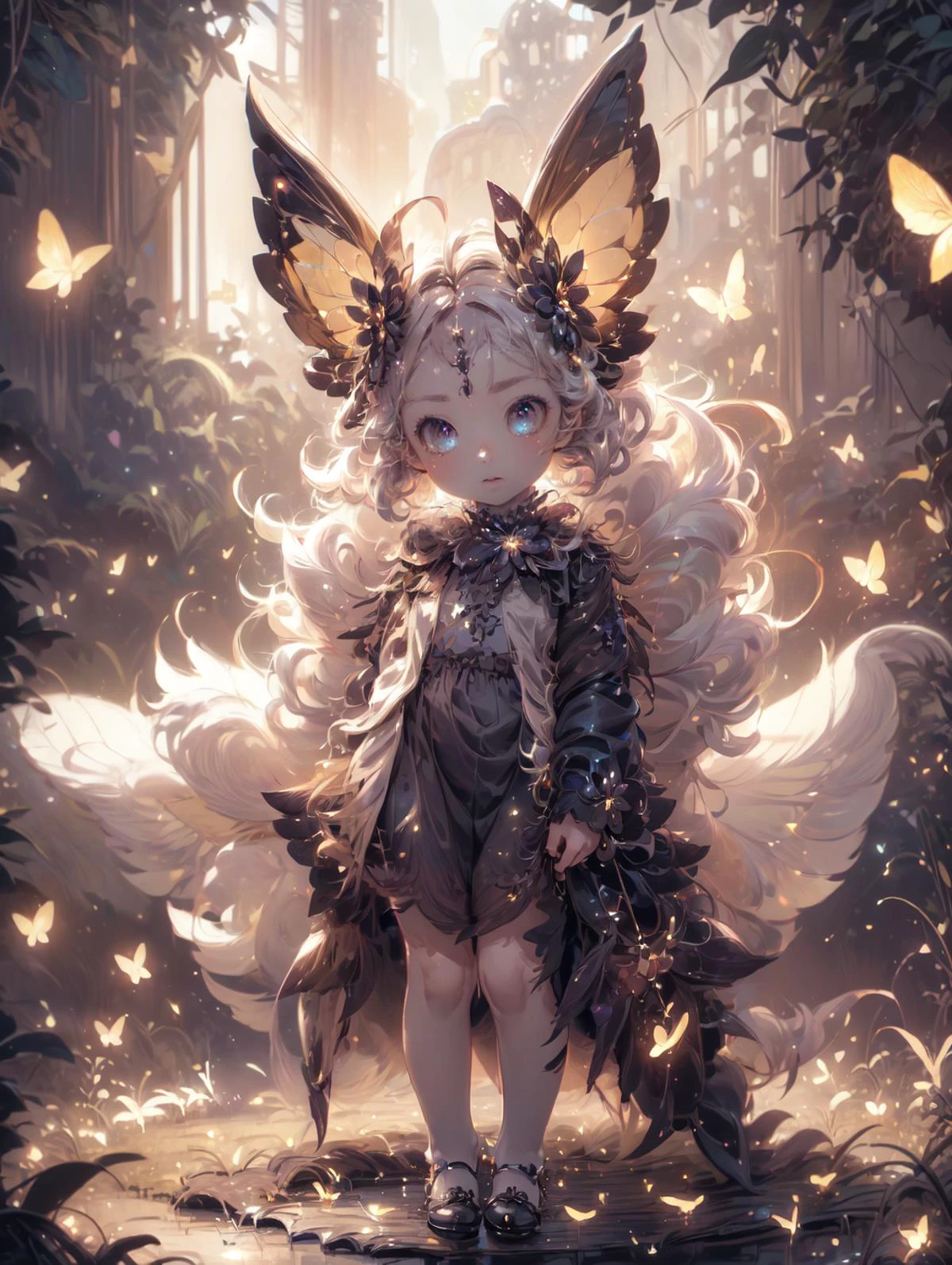 a 30yo woman, detailed face, looking at viewer, (full body shot:1.4), hdr, 8k, detailed eyes, standing in a field of flowers, loraeyes,  AGGA_ST002, bright pupils,   Gothgal, ballgown  fireflies, 1 fairy, chiaroscuro lighting