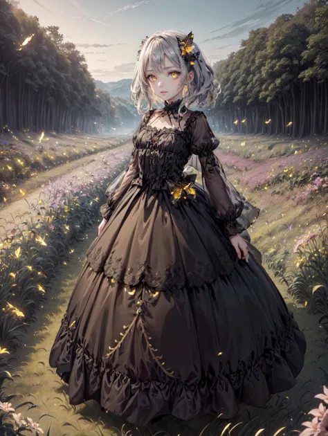 a woman in a dress standing in a field of flowers