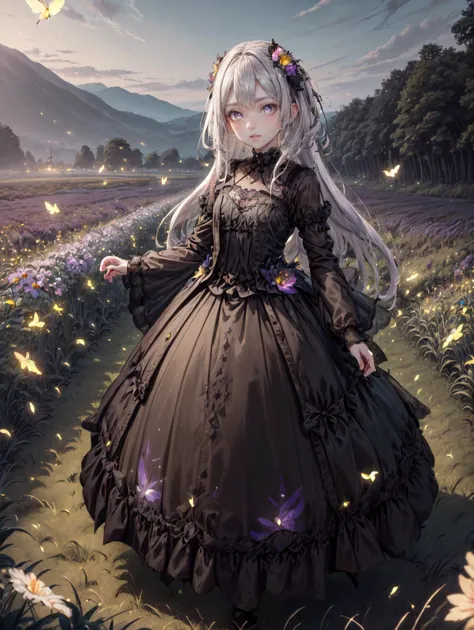 a 30yo woman, detailed face, looking at viewer, (full body shot:1.4), hdr, 8k, detailed eyes, standing in a field of wild flowers, loraeyes,  AGGA_ST002, bright pupils,   Gothgal, ballgown  fireflies,, chiaroscuro lighting