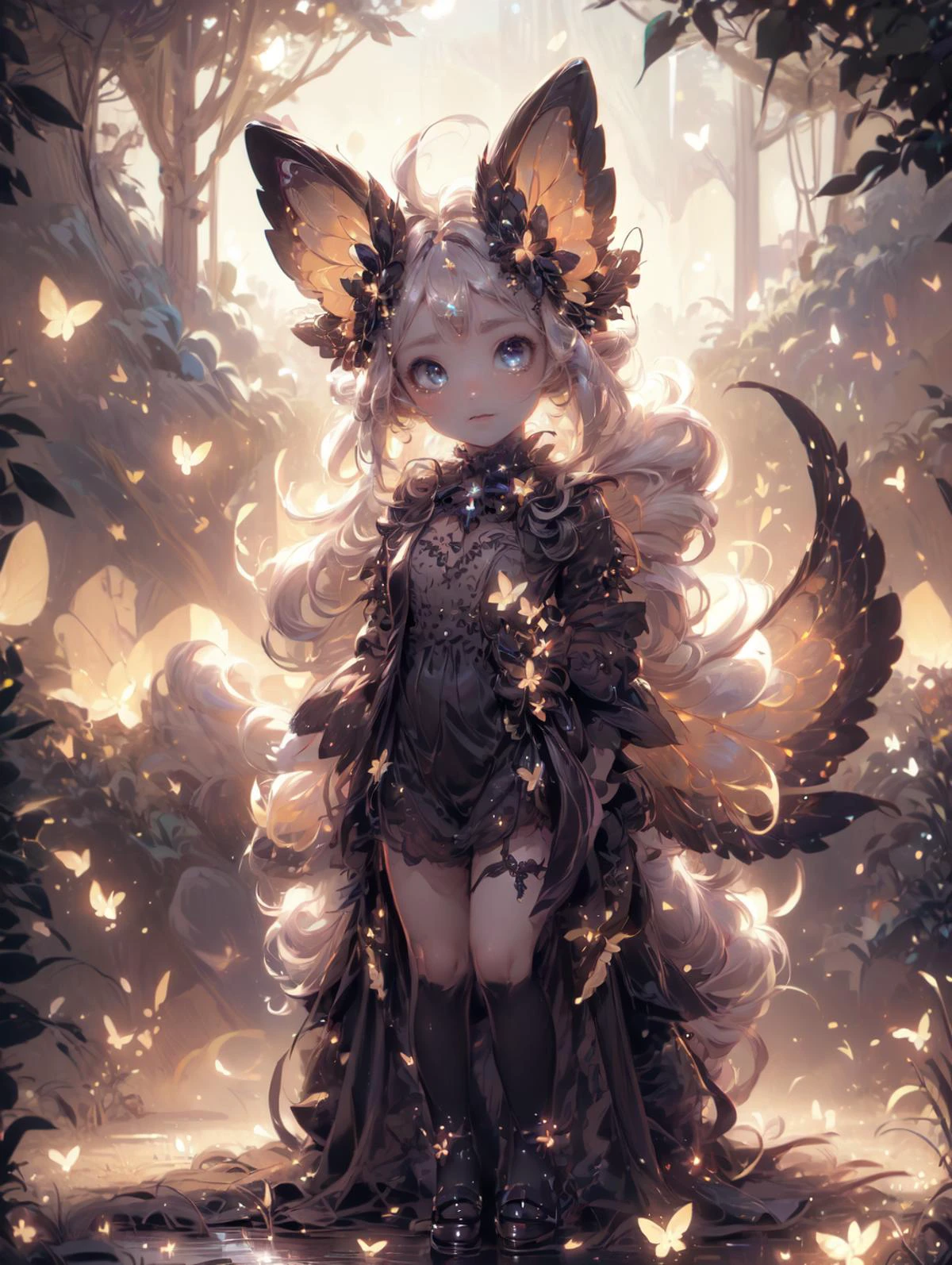 a 30yo woman, detailed face, looking at viewer, (full body shot:1.4), hdr, 8k, detailed eyes, standing in a field of flowers, loraeyes,  AGGA_ST002, bright pupils,   Gothgal, ballgown  fireflies, 1 fairy, chiaroscuro lighting