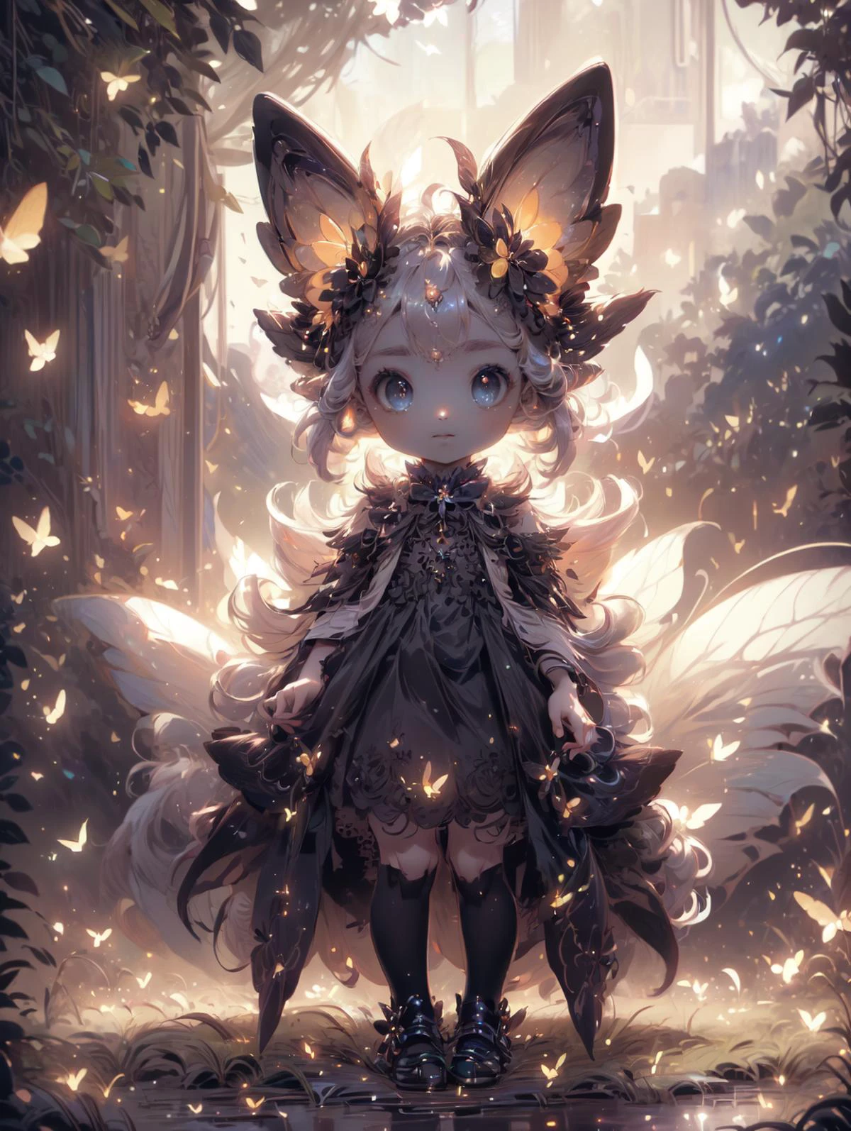 a 30yo woman, detailed face, looking at viewer, (full body shot:1.4), hdr, 8k, detailed eyes, standing in a field of flowers, loraeyes,  AGGA_ST002, bright pupils,   Gothgal, ballgown  fireflies, 1 fairy, chiaroscuro lighting