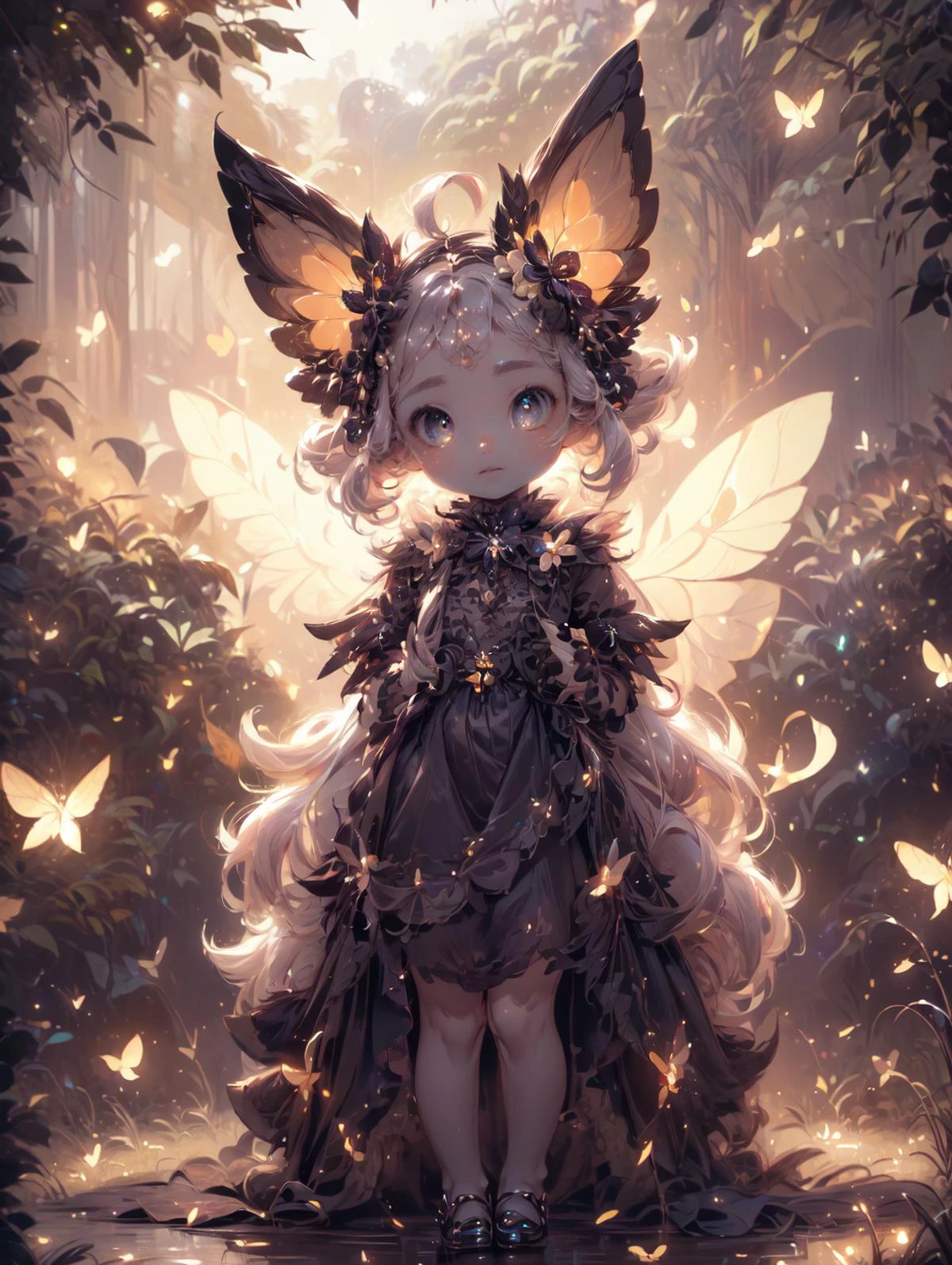 a 30yo woman, detailed face, looking at viewer, (full body shot:1.4), hdr, 8k, detailed eyes, standing in a field of flowers, loraeyes,  AGGA_ST002, bright pupils,   Gothgal, ballgown  fireflies, 1 fairy, chiaroscuro lighting