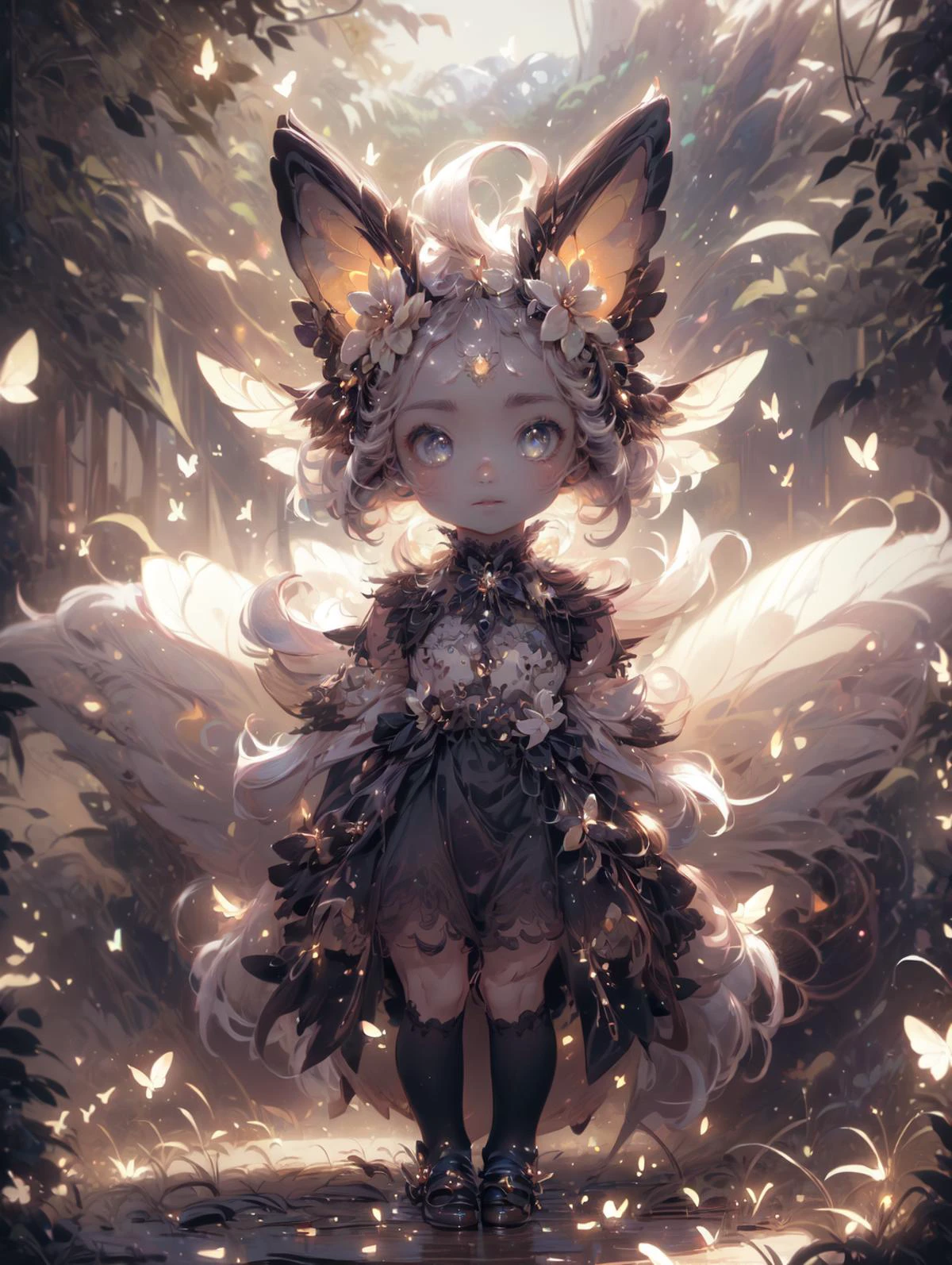 a 30yo woman, detailed face, looking at viewer, (full body shot:1.4), hdr, 8k, detailed eyes, standing in a field of flowers, loraeyes,  AGGA_ST002, bright pupils,   Gothgal, ballgown  fireflies, 1 fairy, chiaroscuro lighting