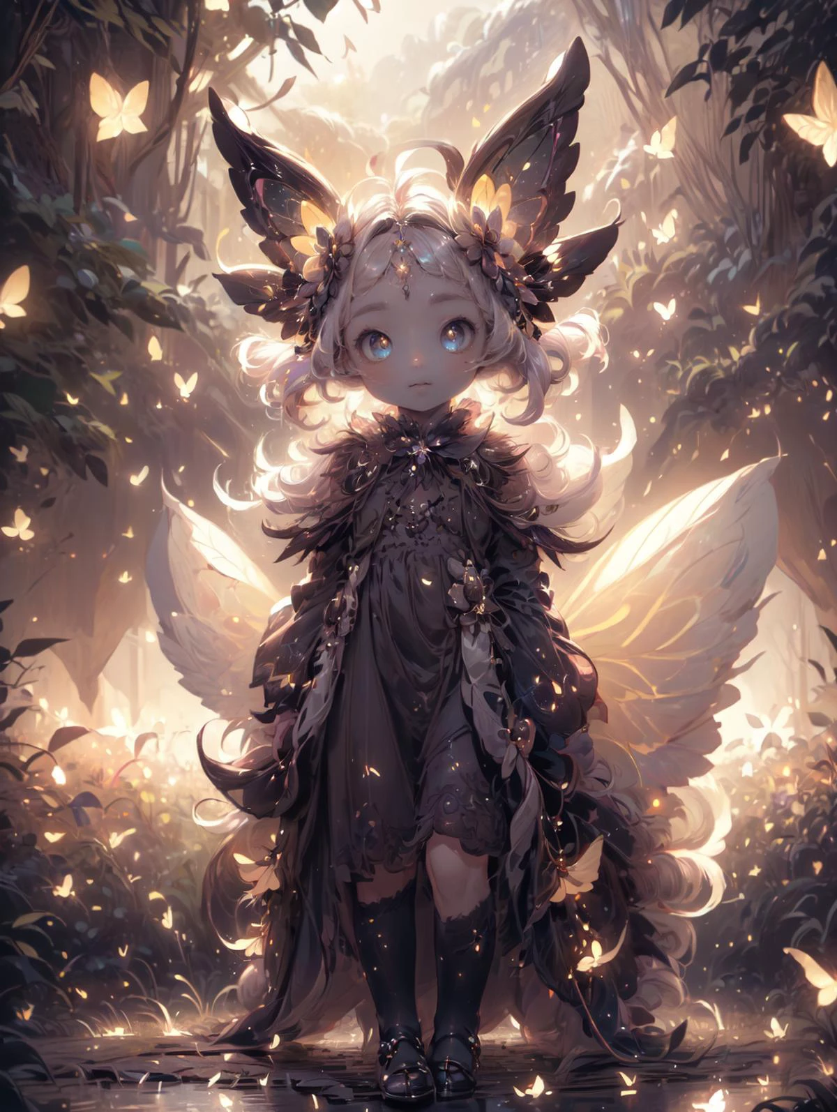 a 30yo woman, detailed face, looking at viewer, (full body shot:1.4), hdr, 8k, detailed eyes, standing in a field of flowers, loraeyes,  AGGA_ST002, bright pupils,   Gothgal, ballgown  fireflies, 1 fairy, chiaroscuro lighting