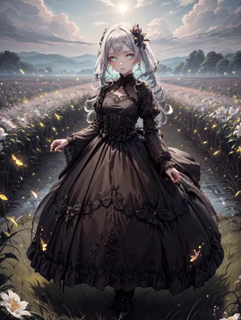 a 30yo woman, detailed face, looking at viewer, (full body shot:1.4), hdr, 8k, detailed eyes, standing in a field of flowers, <lora:more_details:0.5>,  <lora:Loraeyes_V1:0.4> loraeyes,  <lora:Bright_Eyes:0.4> AGGA_ST002, bright pupils,   <lora:ballgownGoth:0.8> Gothgal, ballgown  <lora:4960_fireflies:0.8> fireflies,, chiaroscuro lighting