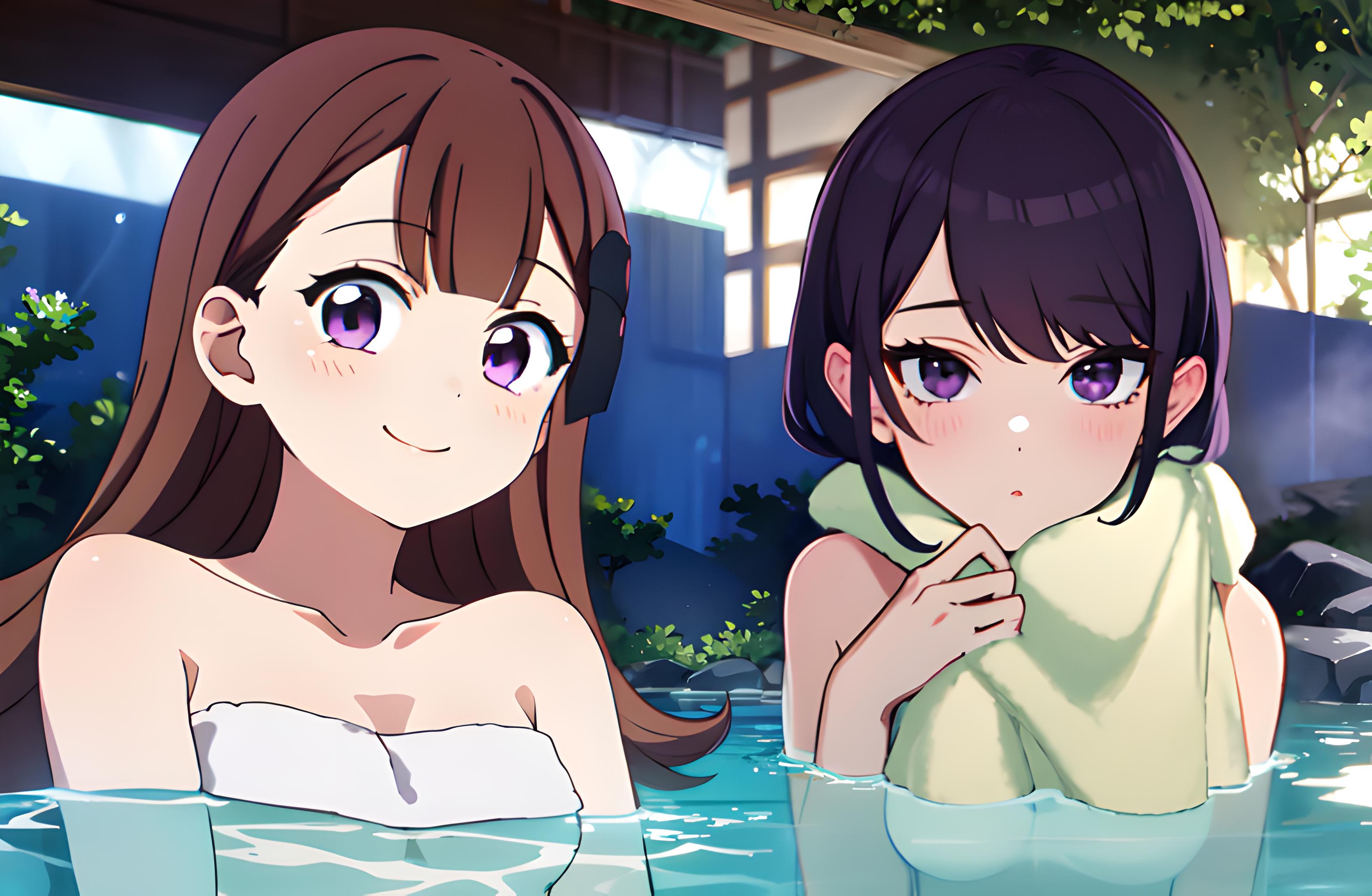 Anime image of two women in a pool with a towel on - SeaArt AI