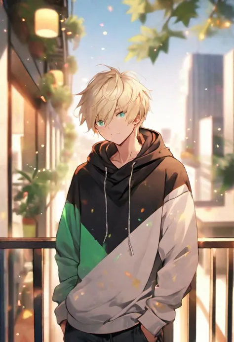 black hoodie,  adult male, BREAK, narrow emerald eyes, short blond hair, side bangs, calm expression,  BREAK, warm colours, BREA...